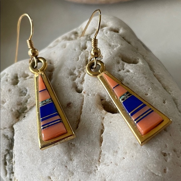 18K GOLD Zuni Native American Vintage Multi-stone Dangle Earrings - Picture 15 of 15